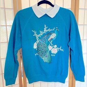 Vintage Teal Grandma Collar Small Peacock Sweater Sweatshirt